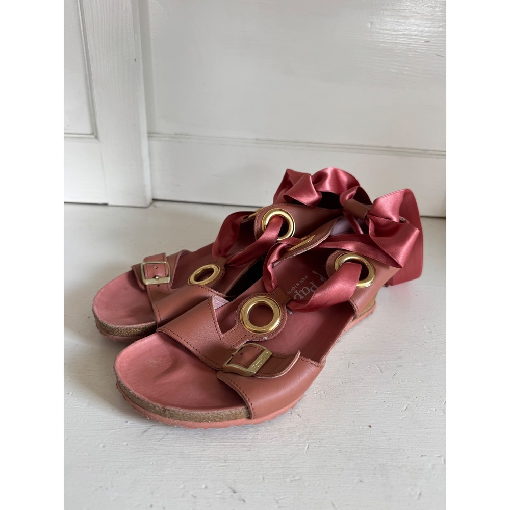 Birkenstock Papillo pink Emmy wedge satin ribbon sandals size 39 (their 8-8.5)